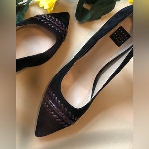 WHBM Olivia Black Suede with Wine Leather Whipstitch Details